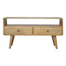 Solid Wood Curved Oak-Ish Media Unit, 2 Drawers And Open Slot, Brown On-Site - 1 - View 3