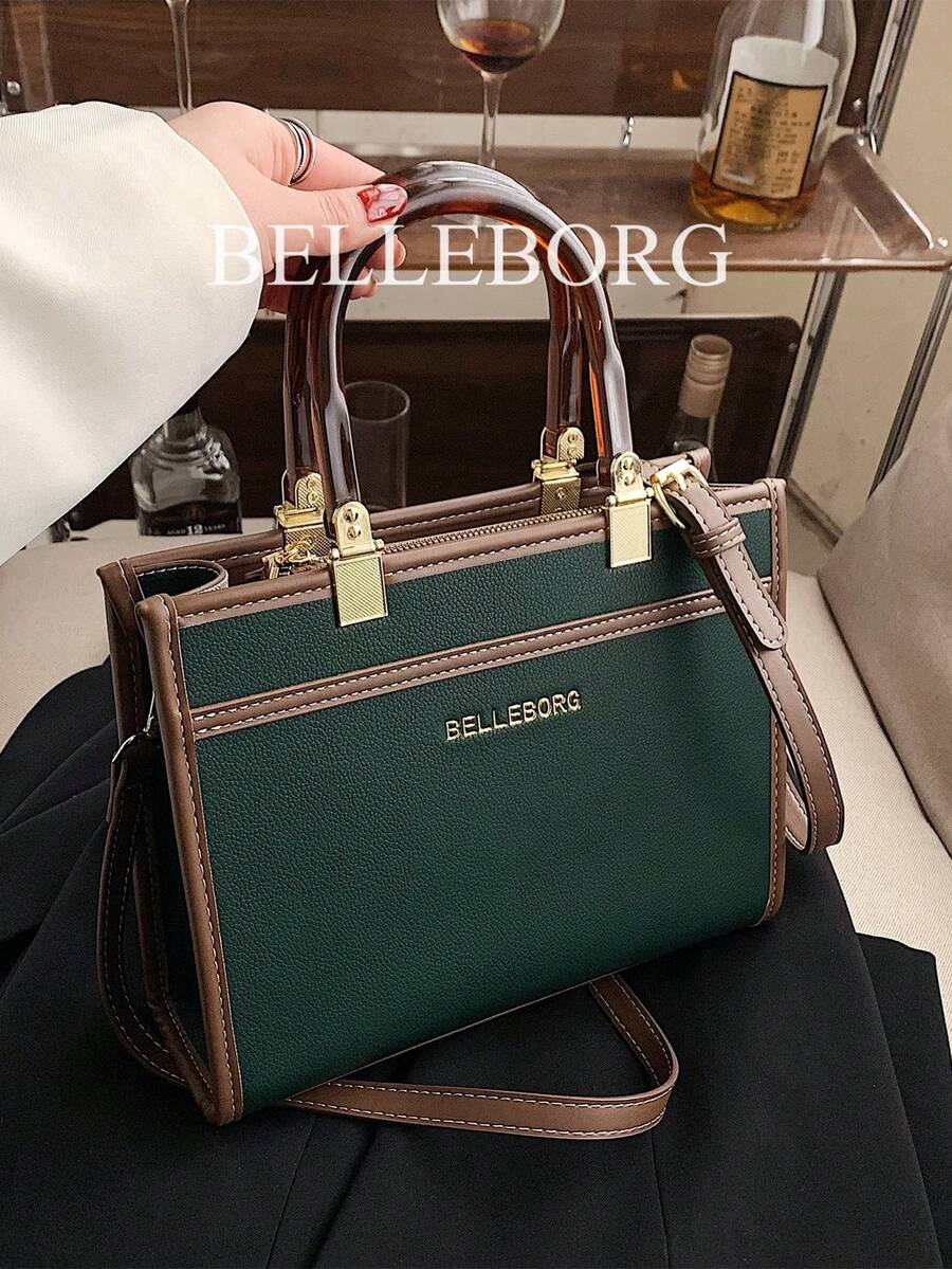 BELLEBORG 1件荔枝紋理休閒女款手提斜挎包,拉鍊開合,適合日常通勤、休閒外出、購物與聚會 - 綠色 - 查看 1