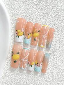 10Pcs Gentle Summer Style Handmade Press On Nail,Polygel Nail Set,Lemon Pearl Pattern,Yellow And Blue Nail Polish,Seaside Vacation Style,Includes Nail Tools,3 Sizes Available,Almond Nails,Duck Nails,Coffin Nails For Party,Dance,Daily Wear. - 彩色 - 查看 18