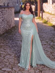 Faeriesty Luxury Plus Size Sequin & Beaded Open Shoulder Neckline Side Slit Evening Gown Party Wedding Fall - Green - View 5