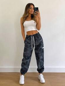 Women's Camouflage Casual Cargo Pants, Elastic Waist Drawstring Joggers With Side Pockets Sports - Grey - View 8