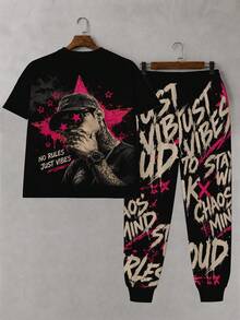 Plus Size Men's 2-Piece Set, Men's Long Pants, Graphic T-Shirt, Streetwear Series "Hip Hop Portrait Graffiti Font" Pattern Outfit - Polyester Fabric, Drawstring, Pockets, Suitable For Plus Size - Multicolor - View 2