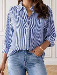 Nueva blusa de mujer de manga larga holgada, blusa de botones de unicolor para primavera - Celeste - Ver 5