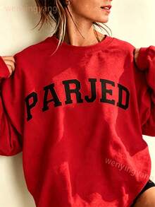 Women's Casual Letter Print Oversized Pullover Sweatshirt, Loose Fit Crew Neck Long Sleeve Hoodie, Fall Outfits For Airport, Back To School,Unisex-L91 - 紅色 - 查看 1