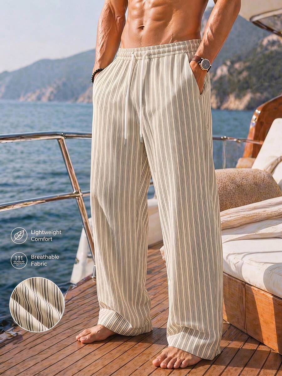 Men's Long Pants Elastic Waist Drawstring Casual Pants Beach Sand Beach Men's Spring Summer Thin Breathable Striped Loose Drape Lazy Wide Leg Pants - Light Grey - View 1