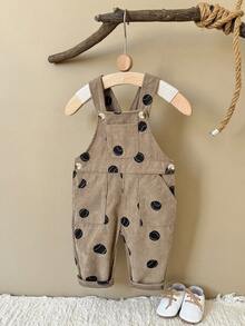Baby Girls Versatile Tennis Print Overalls With Adjustable Straps And Pockets, Casual Long Pants - Khaki - View 3