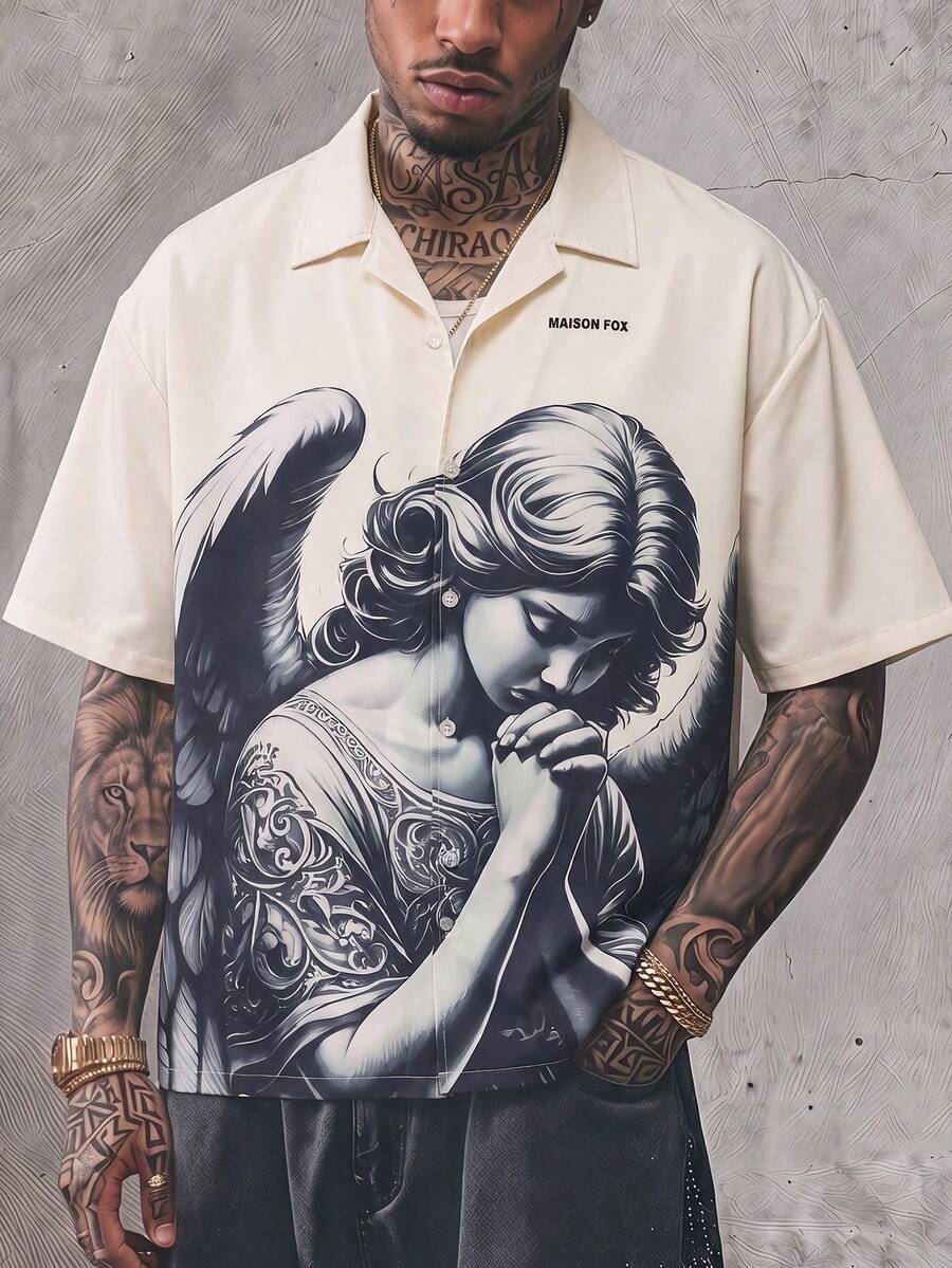 MAISONFOX 男士夏季休閒海灘度假鈕扣襯衫,街頭復古風街頭服飾天使印花襯衫,適合夏季,街頭服飾風格 - 米色 - 查看 1
