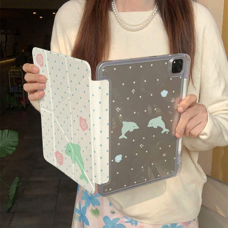 時尚創意綠色波點海豚圖案平板保護殼,適用 Apple 第 11 代、第 10 代平板,極簡風保護殼,附筆槽,Air 82026 新 Pro 11、Fashion Mini 7、可愛 Air 7/6,防彎折 11 吋女生平板保護套、男生平板保護殼 - 白色 - 查看 1