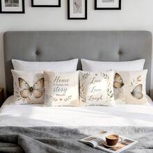 4pcs Vintage Ink Butterfly Home Text Pattern Pillow Covers, Single-Sided Printed Pillow Covers, Suitable For Living Room, Bedroom, Home Decor, All-Season Pillow Covers - Multicolor - View 9