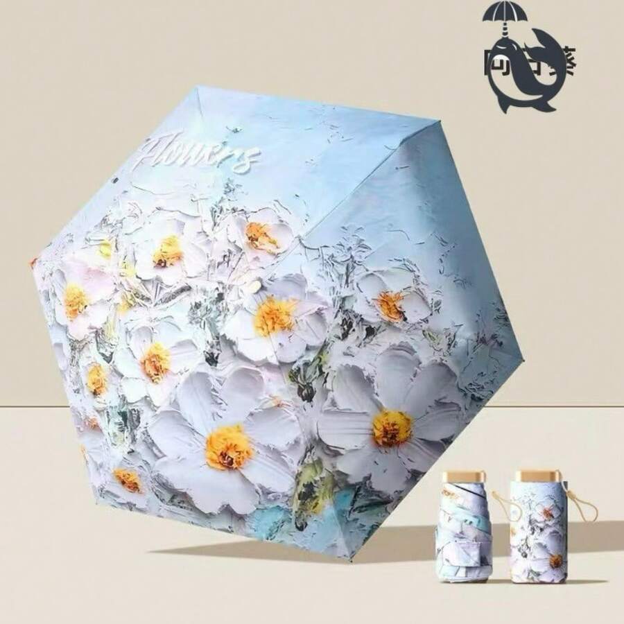 Mini guarda-chuva portátil de cápsula de pintura digital proteção UV sol e chuva de dupla utilização - girassol - Visão 1