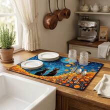 1pc Dish Drying Mat, Coffee Machine Mat, Starry Night Black Cat & Daisy Garden Pattern Dish Drying Mat, Absorbent & Protective Tabletop Mat, Suitable For Dining Room, Kitchen, Entryway, Holiday Gift, Multi-Purpose Desk Absorbent Drying Mat, Room Tabletop Protector, Holiday Gift, Kitchen Decor - XYLSD804 - View 3