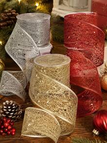 Christmas Sequin Mesh Ribbon Set, Silver Red Gold Holiday Decorative Shaped Ribbon, Glitter Hollow Woven Wide Ribbon, Suitable For Christmas Tree Wrapping, Wreath Bows, Gift Packaging, Fireplace Garland, Stair Railing, Door Frame Window Display And Holiday Table Decor - Christmas Ribbon - View 7