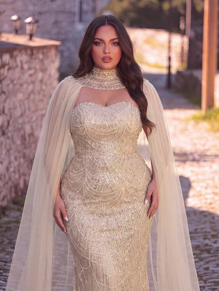 Faeriesty Gaun Formal Mewah Tanpa Tali Model Duyung dengan Hiasan Manik-manik dan Selendang Tulle, Seri Haute Glamour Plus, Set 2 Potongan untuk Pesta Pernikahan Musim Gugur