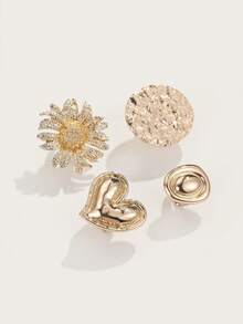 Altistry 4pcs/Set Gold Flower & Heart Shaped Ring Set, Thick Boho Style Rings For Women, Spring/Summer - Gold - View 2