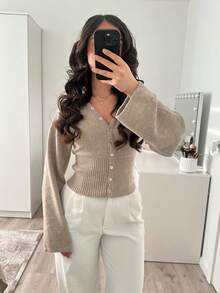 Women's Deep V-Neck Cinched Waist Knit Sweater, Casual Elegant Old Money Style, Versatile Layering Piece, Wool Blend - Khaki - View 2