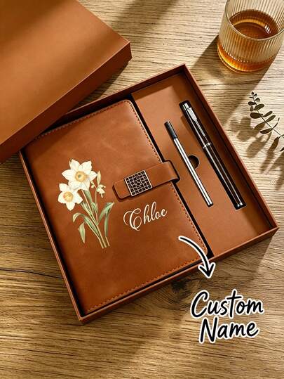 Personalized Birth Flower Notebook Set, Customized Name Engraved Notebook With Pen And Gift Box, A5 Snap Closure Notebook, Gift For Women, Bridesmaids, Teachers And Graduation School Supplies