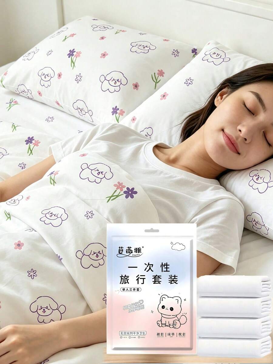 Disposable Double-Wide Extra-Thick 4-Piece Bedding Set For Hotel Stay, Disposable Bed Sheets And Pillowcases, Travel Essential - Multicolor - View 1