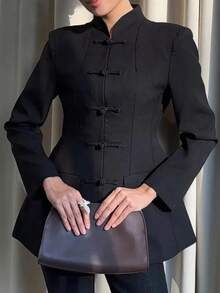Women's Elegant New Chinese Style Stand Collar Frog Button Waist-Cinching Jacket (With Shoulder Pads) Solid Color Versatile Commute Office Daily Date - Black - View 5