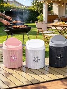 1pc Mini Desktop Storage/Car Trash Can With Lid, Makeup Brush Holder; Exquisite Home Decor; Stationery Storage; Decorated With Diamond Flower; Luxury Diamond Desktop Storage; Cylindrical Trash Can, Suitable For Home, Office, Kitchen, Bedroom, Dressing Table. Home Decor, Dressing Table And Other Daily Necessities, Back To School Season Must-Have. Camping Must-Have - Multicolor - View 5