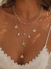 4 piezas/Set Collar de estilo vacacional con perlas falsas hechas a mano, capas múltiples apiladas con colgante de estrella de mar dorada y concha de sol, joyería de cuello popular para mujeres para uso diario y fiesta de vacaciones en la playa, longitud de la cadena cortada por secciones con número variable - Multicolor - Ver 1