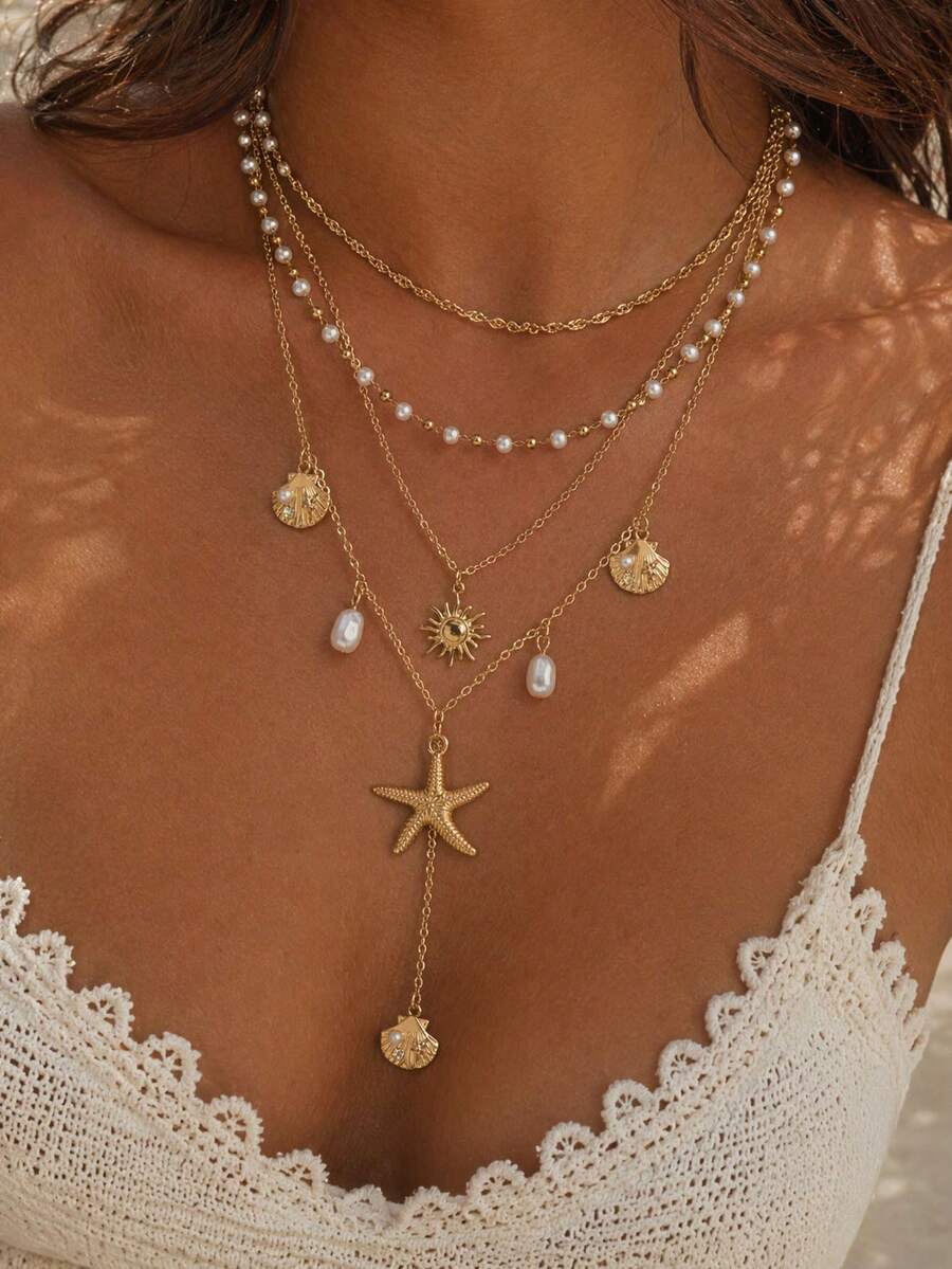 4 piezas/Set Collar de estilo vacacional con perlas falsas hechas a mano, capas múltiples apiladas con colgante de estrella de mar dorada y concha de sol, joyería de cuello popular para mujeres para uso diario y fiesta de vacaciones en la playa, longitud de la cadena cortada por secciones con número variable - Multicolor - Ver 1