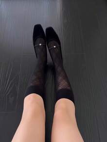 1 Pair New Diamond Pattern Tea Brown Sheer Thin Calf Socks, High Transparency Summer Socks, French Style Slimming Long Socks For Mary Jane Shoes - Multicolor - View 4