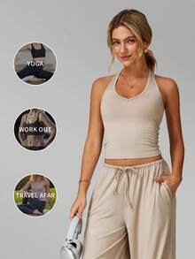 MFVIM Women's 2-Piece Sports Set, Yoga Halter Top And Wide-Leg Casual Pants, Breathable, Soft, And Comfortable, Perfect For Daily Wear - Linen - View 6