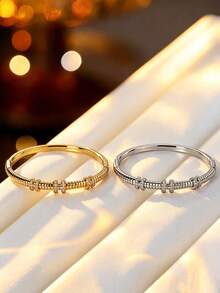 1pc Vintage Cylindrical Texture H Element Zirconia Inlaid Bracelet, Niche Design Commuter Layering Versatile Atmospheric Elegant Hand Accessory - Bracelet - View 4
