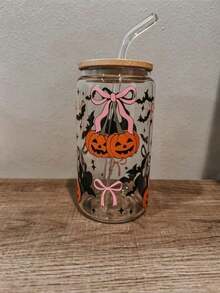 Halloween Rosa Schleife Kürbis & Fledermaus Muster Transparenter Glasbecher mit Bambusdeckel + gebogener Glasstrohhalm, große Kapazität Zuhause Eiskaffee Saft Kaltgetränk Becher, Halloween Party Feiertagsgeschenk Wasserbecher - Verschiedenfarbig - Übersicht 3
