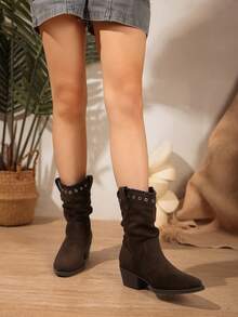 Lock-Hole Woven Edge Chunky Heel Western Boots Solid Color Patchwork Slouchy Boots Fashion Versatile Ankle Boots Slouchy Pointed Toe Suede Boots Suitable For Music Festival Halloween - Brown - View 4