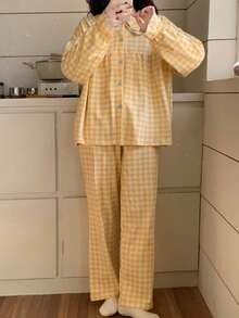2pcs/Set Women's Pajamas Loungewear Set, Peter Pan Collar Plaid Print Korean Style Long Sleeve Long Pants, Comfortable For Home Wear - Yellow - View 7