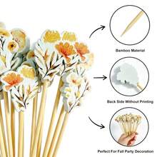 50/100pcs Autumn Wildflower Cocktail Picks, Autumn Floral Beverage Fruit Appetizer Toothpicks, Cupcake Decoration Skewers - Orange - View 4