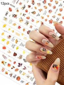 12 Sheets Limited Edition Autumn Maple Leaf Nail Stickers Fall Halloween Thanksgiving Self Adhesive Nail Decals DIY Manicure Decor - Multicolor - View 3