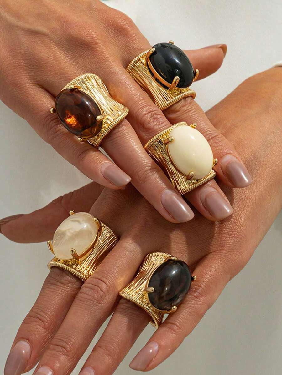 1pc Vintage Faux Gemstone Wide Band Ring, Heavy Luxury Embossed Resin Striped Ring - Gold Ring - View 1