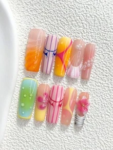 10片裝可愛風手工穿戴甲，Polygel美甲套組，貝殼水滴圖案，黃綠色指甲油，夏季通勤風，附美甲工具，3種尺寸可選，杏仁甲、鴨嘴甲、棺材甲，適合派對、舞蹈、日常配戴 - 彩色 - 查看 19
