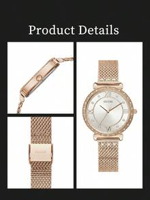 GUESS Rose Gold Mesh Strap Watch For Women, Crystal Paved Bezel Roman Numeral Dial Quartz Wristwatch - White - View 6