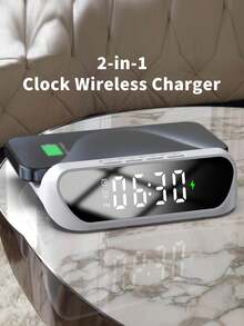 AKKHOO 數位鬧鐘無線充電器，15W 最大功率快速無線充電站，Type-C 供電 LED 顯示時鐘，適用手機，無內置電池 - 白色 - 查看 2