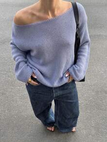 Sweater Pullover Rajut Bahu Terbuka Wanita, Atasan Rajut Bergaris Asimetris Lengan Panjang, Elastisitas Sedang, Panjang Reguler, Cocok untuk Musim Semi dan Gugur - Mauve Purple - View 1