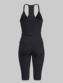 LovelyWholesale Women's Sporty V-Neck Side Stripe Tank Top And Shorts 2 Pieces Set Summer Outfit Black Elegant - Black - View 5