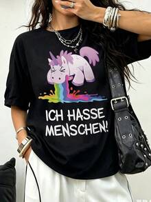 T-Shirt With The Saying "I Hate People, Poop-Eating Unicorn Fun-Shirt Slogan" - 黑色 - 查看 1