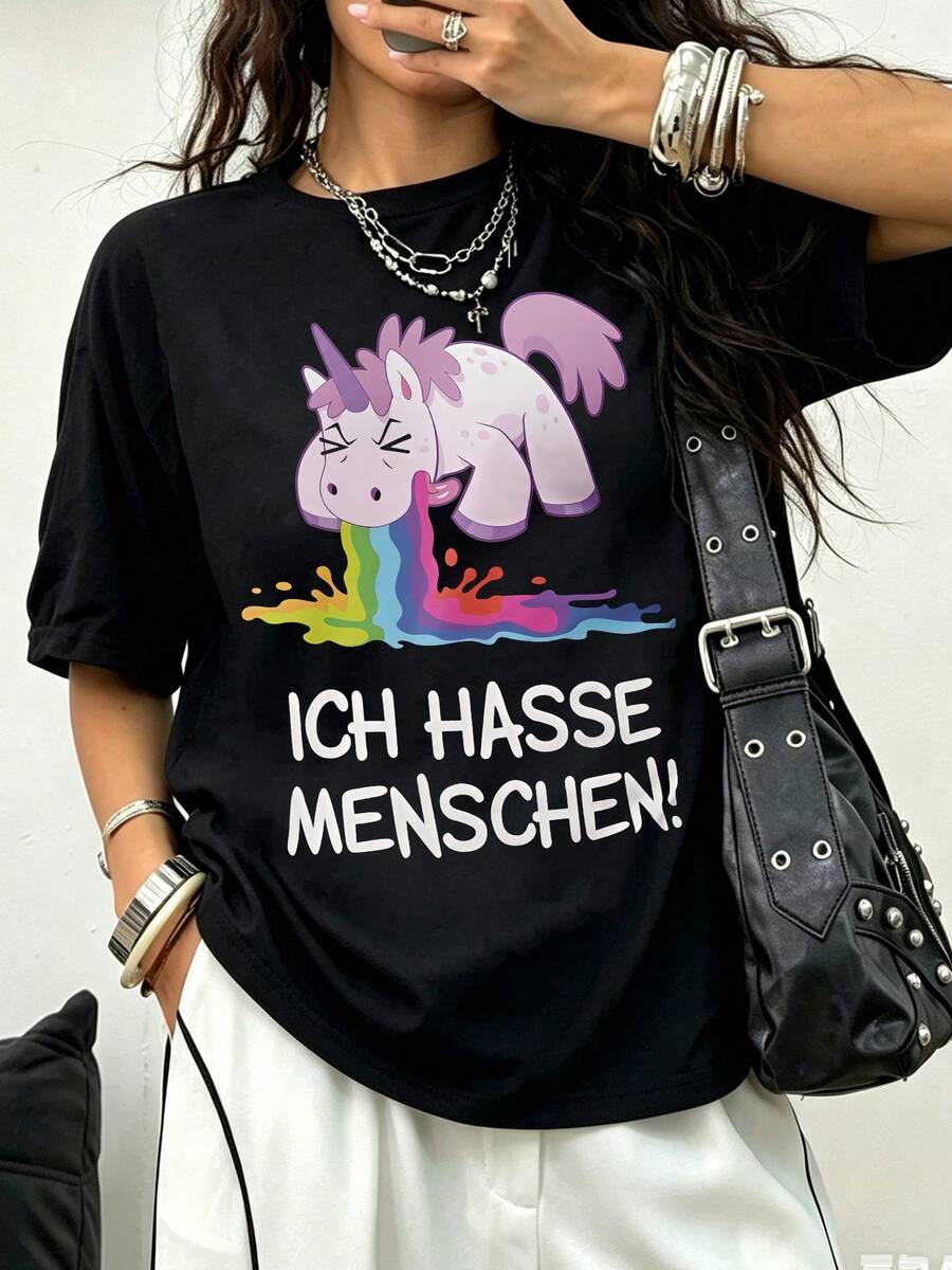 T-Shirt With The Saying "I Hate People, Poop-Eating Unicorn Fun-Shirt Slogan" - 黑色 - 查看 1