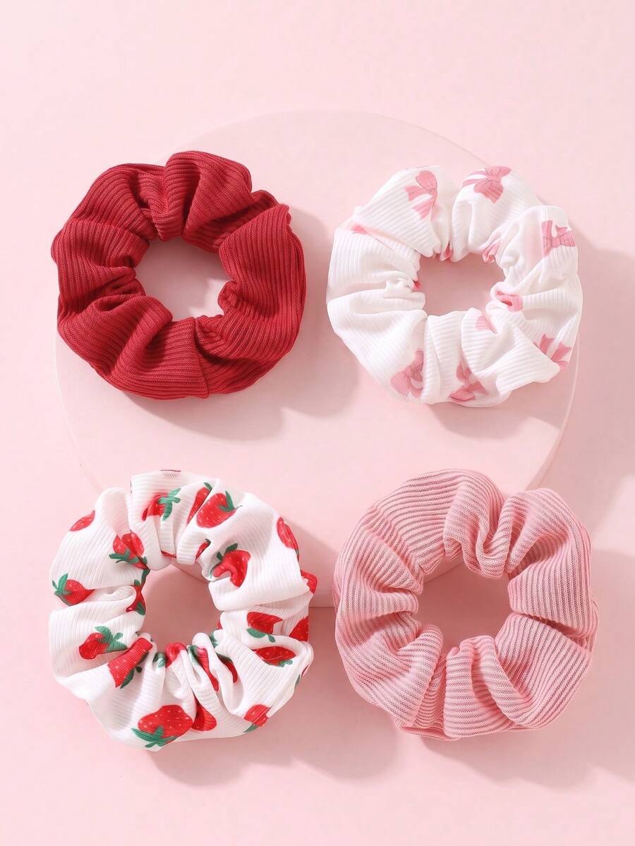 原創花卉圖案 4件組草莓蝴蝶結印花髮圈 - 彩色 - 查看 1