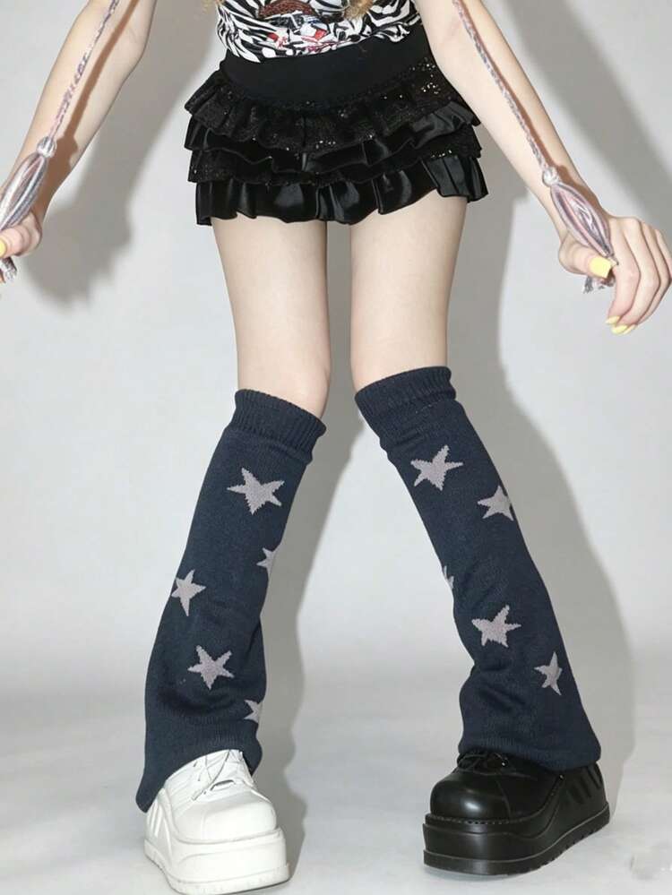 STAR RIVER 1雙 Y2K 亞文化星星腿套，美式復古 JK 針織喇叭腿套，可正反兩面穿 - 彩色 - 查看 12