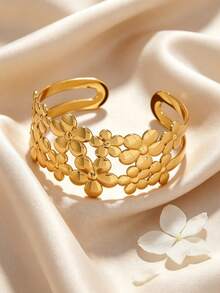 VceTd 1 Set Elegant Style Stainless Steel Women's Jewelry Set With Floral Design, Suitable For Vacation/Outing/Date Wear - Yellow Gold - View 6