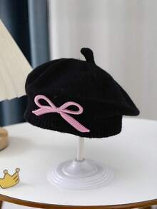 1 Peça Boina de Bebê Outono/Inverno, Gorro de Lã Tricotado, Chapéu de Pintora Versátil e Estiloso para Meninas - Laço bordado - Visão 11