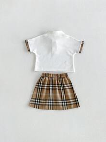 Miniweenns Baby Girl Preppy Back To School Summer Letter Embroidered Polo Collar Set, White & Brown Plaid Short Sleeve Top + Skirt 2-Piece Outfit - Multicolor - View 5