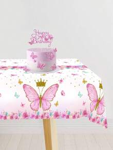 1Pc Disposable Plastic Tablecloth,Pink Butterfly Pattern Rectangle Table Cover For Princess Theme Bridal Shower Baby Shower Girls Birthday Party Decor - Multicolor - View 5