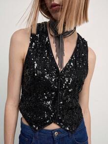 Women's Black Sequin Top: Sleeveless V-Neck Non-Stretch Cropped Vest, Suitable For Party Cocktail Events - Black - View 2