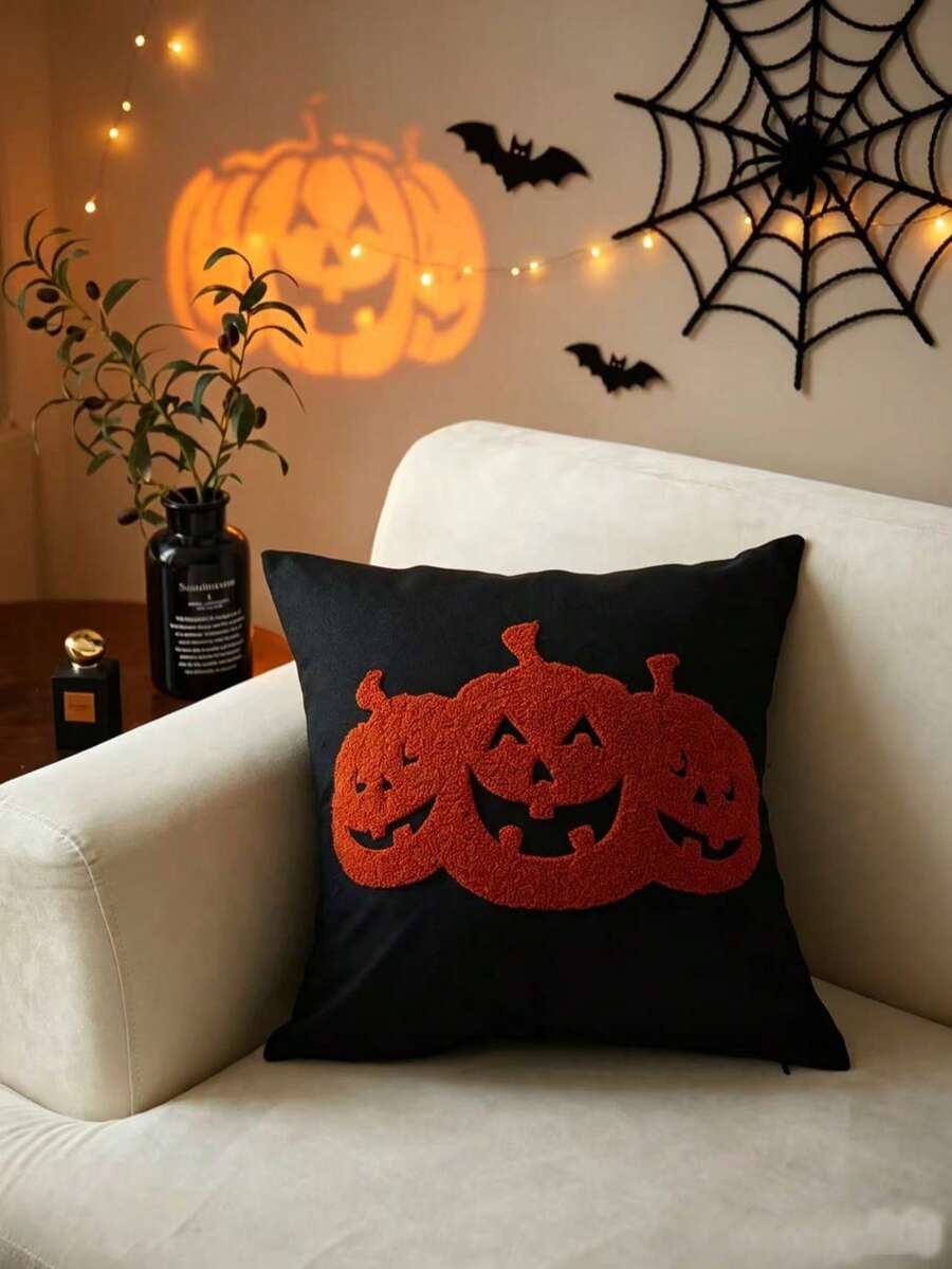 LCUHPCL 1pc Halloween 3D Embossed Jack Pumpkin Lantern Embroidery Pillowcase, Atmospheric Home Decor For Living Room, Bedroom, Sofa And Various Environments - Burnt Orange - View 1