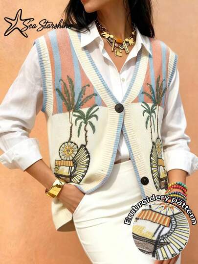 Sea Starshine: New Sexy Casual Women's Sweater Vest, Coconut Tree Embroidery Design, Suitable For Afternoon Tea And Beach Vacation